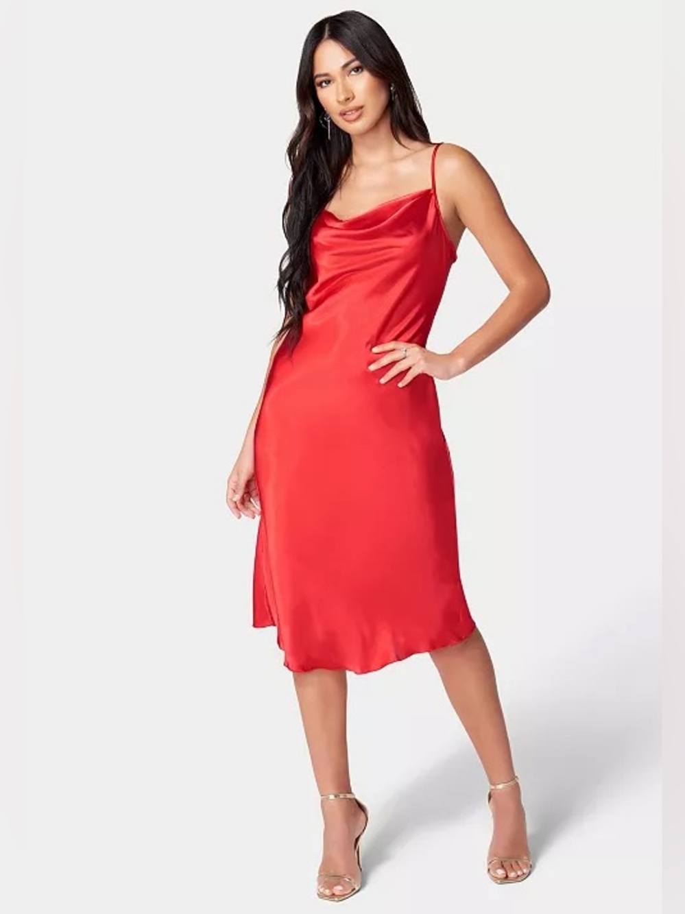 Bebe Red Satin Cowl Neck Midi Dress NWT Holiday Night Out Size XL Date Night